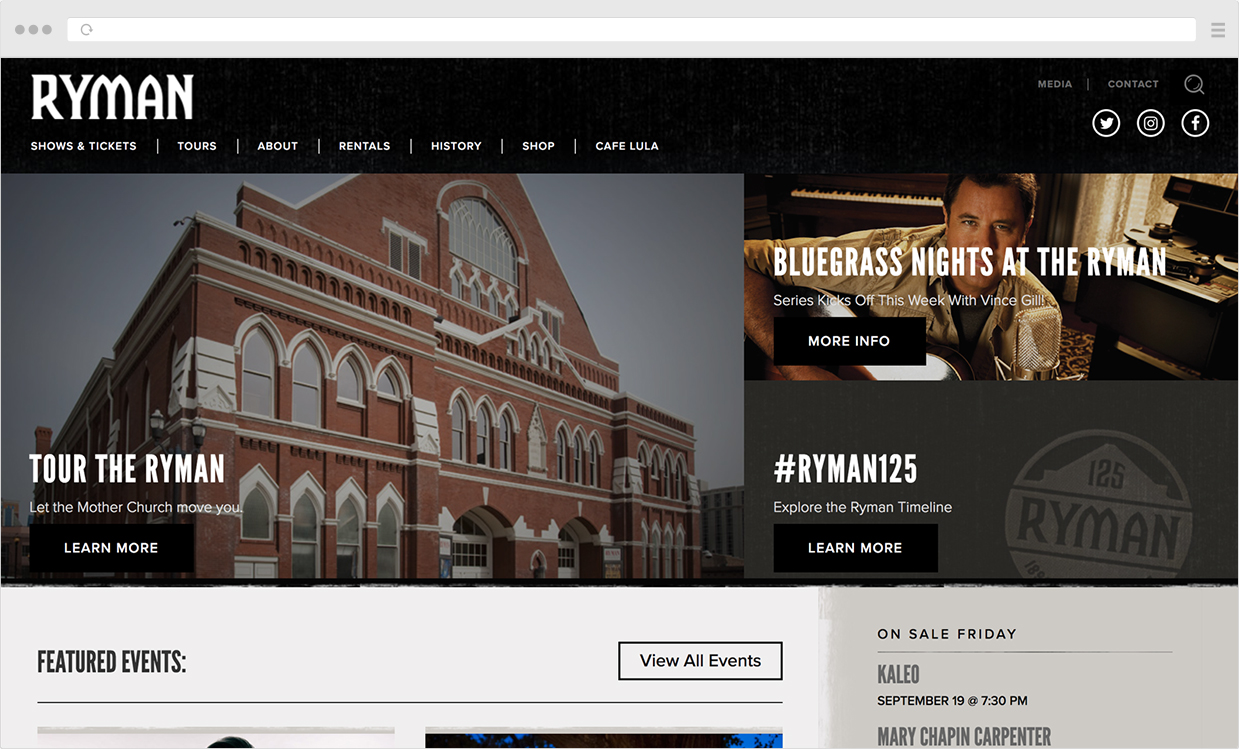 Web Development for Ryman Auditorium Website, Nashville TN