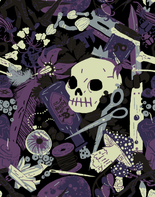 Illustration of classic "witch" items, including skulls, mushrooms, potions, crystals etc.