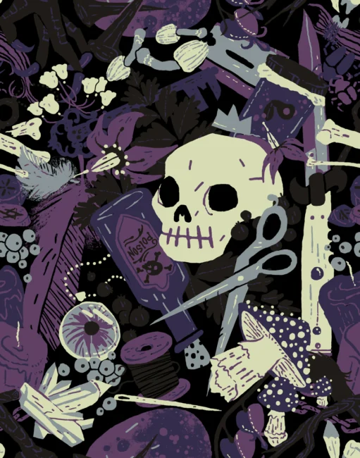 Illustration of classic "witch" items, including skulls, mushrooms, potions, crystals etc.