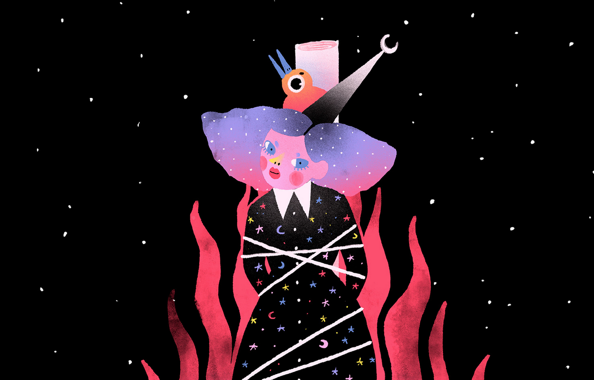 A witch with purple hair in a dress covered in stars and moons. Being burned at the stake, with a bird on her head.