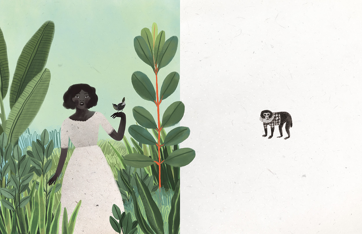 A 50/50 split image, on the left: a black woman with a bird on her hand, surrounded by green vegitation. On the right: a small black monkey alone on a white background.