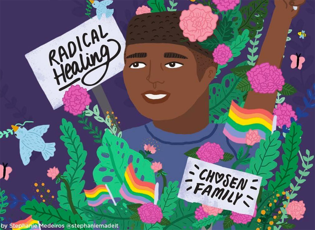 illustration for the lgbt center in nyc, a dark skinned person is surrounded by flowers and other plants, and pride flags
