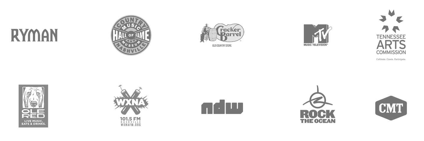 Client Logos: Ryman, CMHoF, Cracker Barrel, MTV, Tennessee Arts Commission, Ole Red, WXNA, NDW, Rock The Ocean, CMT