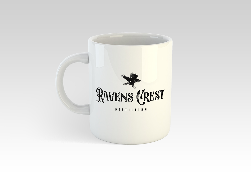 Distillery branded coffee mug for Kentucky based Ravens Crest Distilling