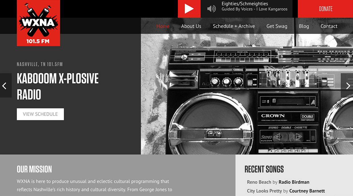 WXNA FM Nashville radio website homepage design