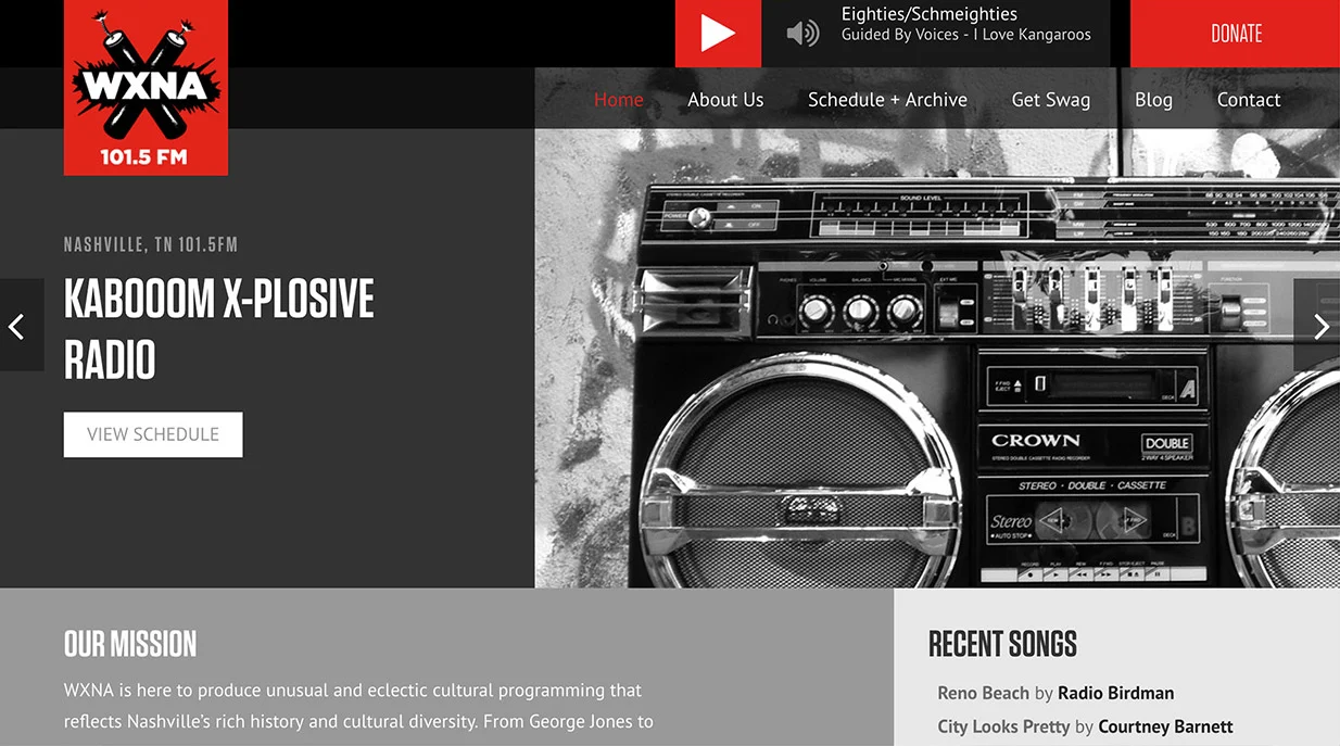 WXNA FM Nashville radio website homepage design
