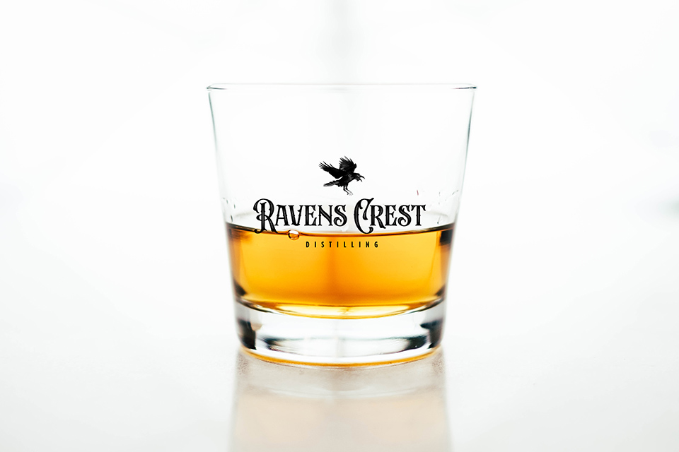 Distillery branded glass for Kentucky based Ravens Crest Distilling