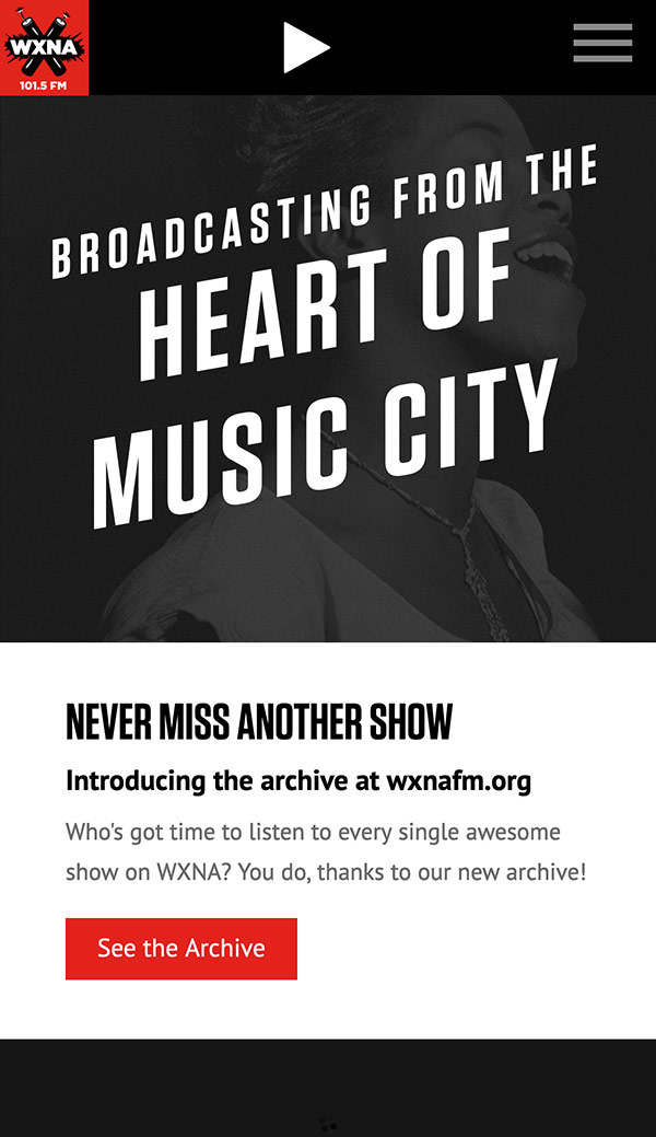 WXNA FM Nashville radio station mobile website design