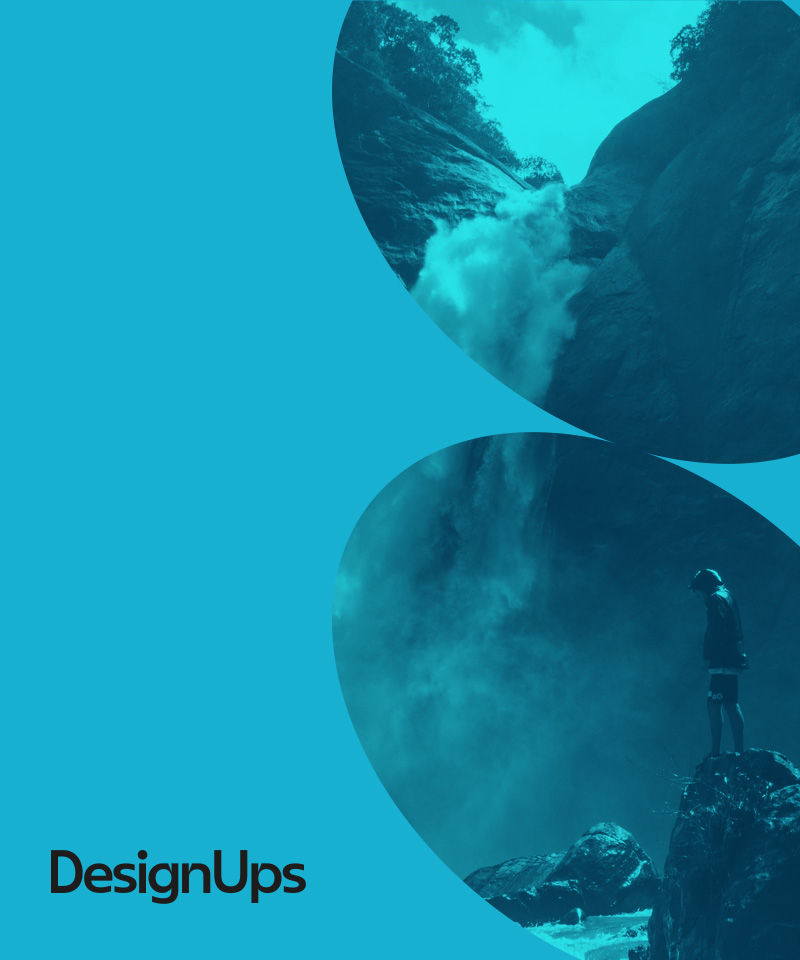 Abstract design with a waterfall and a person standing on a rock, representing custom branding solutions by DesignUps