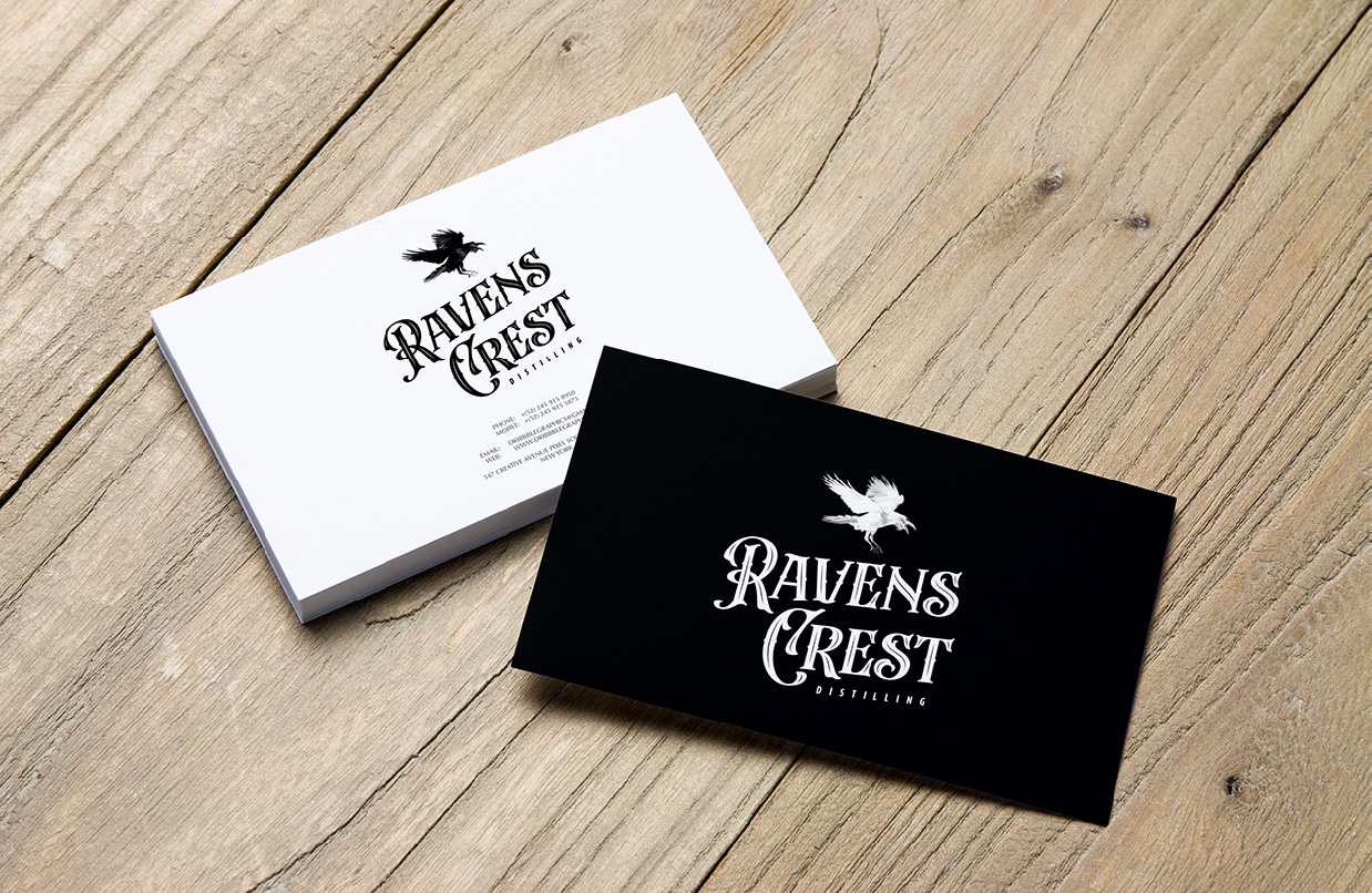 Distillery branded business cards for Ravens Crest Distilling